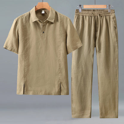 Mens Linen Polo Shirt and Pants Set