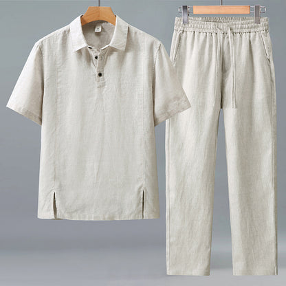 Mens Linen Polo Shirt and Pants Set