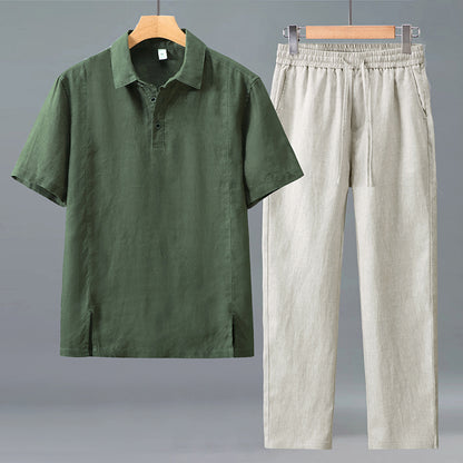 Mens Linen Polo Shirt and Pants Set