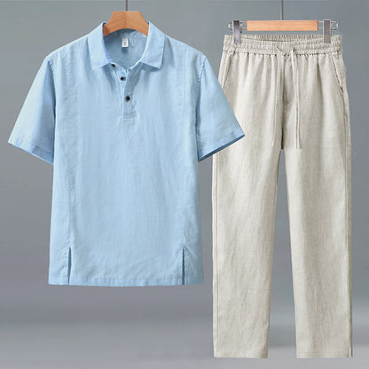 Mens Linen Polo Shirt and Pants Set