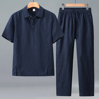 Mens Linen Polo Shirt and Pants Set