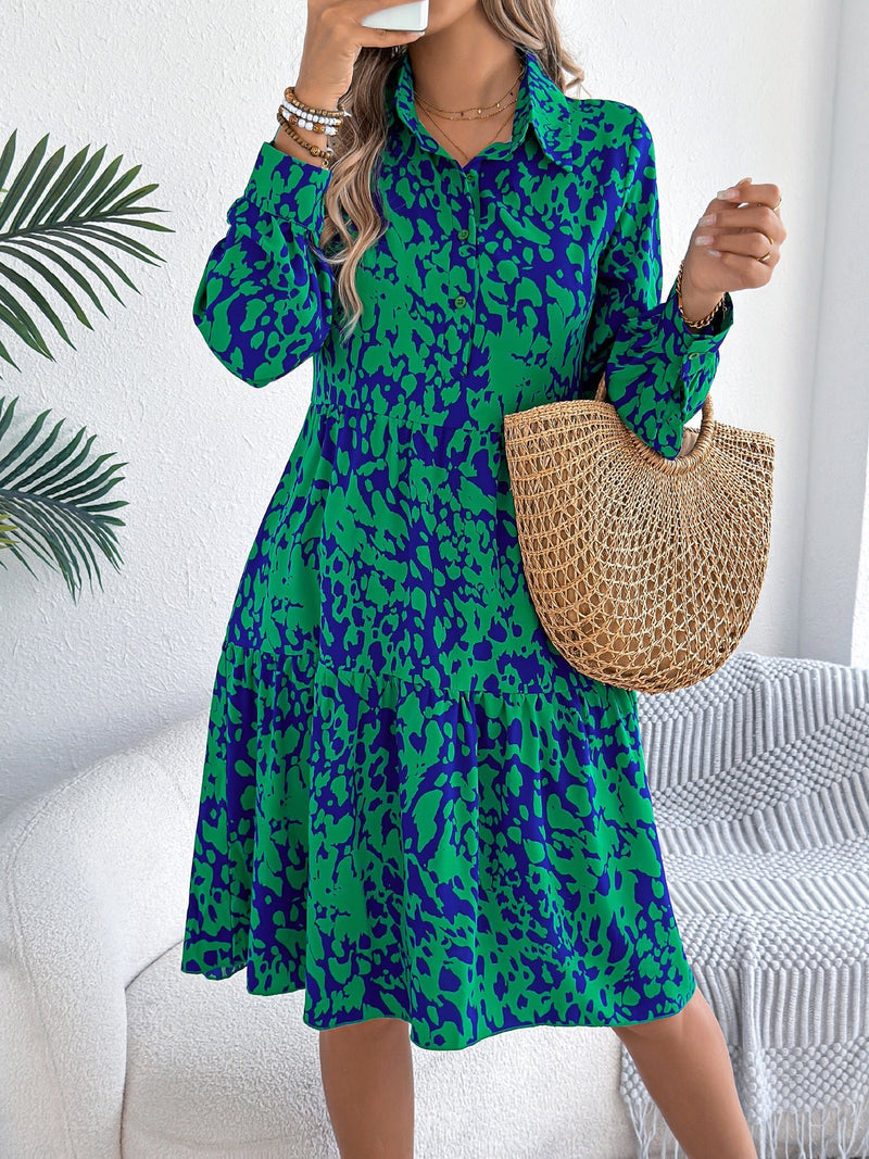 Women's Casual Loose-Fit Color-Blocked Leopard Print Long Sleeve Shirt Dress